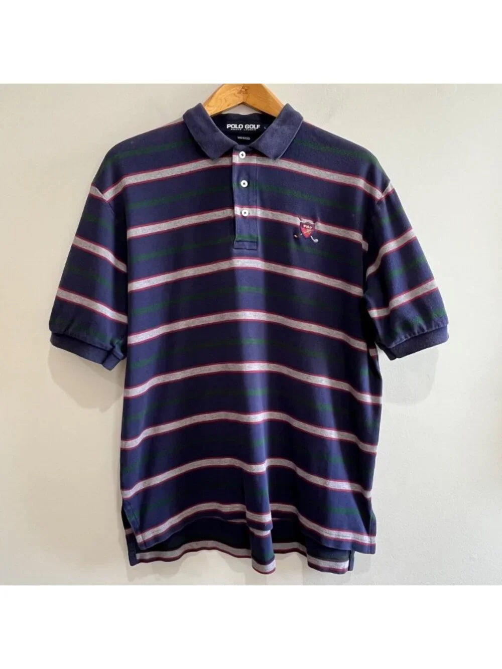 Polo Ralph Lauren Golf Shirt Mens L Navy Stripe Crest 90s Made in USA
